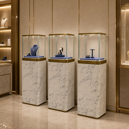 Retail Luxury Modern Jewelry Display Cabinet Tall Glass Showcase Gold Trim LED Spotlights Marble Look Base Heavy Duty Fine