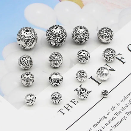 Antique 925 Sterling Silver 8mm 10mm 12mm Hollow Round Spacer Beads for Bracelet Necklace Making Wholesale
