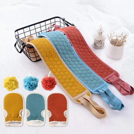 3pcs Exfoliating Mitt Set Loofah Bath Sponge Pouf Mesh Mitt Pad Back Scrubber Belt