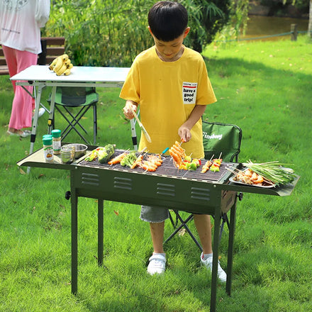 Modern Portable Folding Carbon Steel Charcoal BBQ Grill Green Outdoor Camp Tool with Side Table Made of Iron