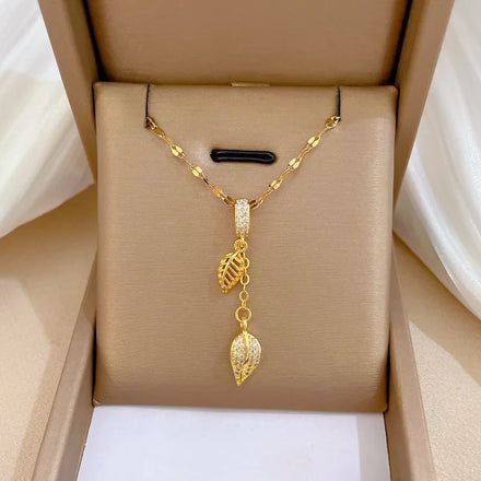 Fashion Tassels Leaf Pendant Necklace Stainless Steel Chain Gold Plated Micro Pave Zircon Tassels Leaf Choker Necklace