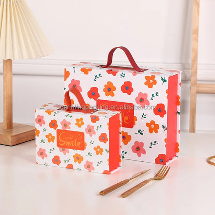 Orange Color Double-Sided Open Nut Gift Boxes Leather Handle Wholesale Designed Paper UV Coating Embossing Printing Handling