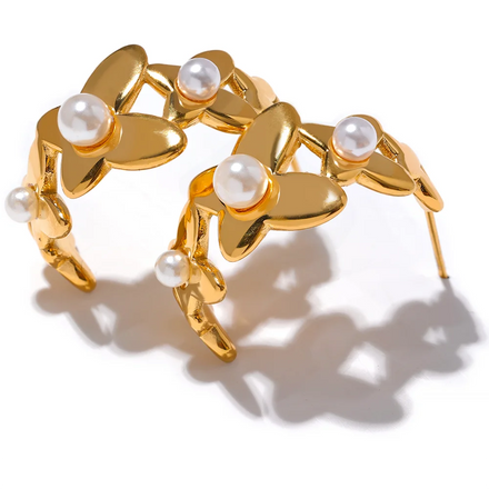 JINYOU 1576 Elegant Artificial Pearls Butterfly Flower Earrings Gold Stainless Steel Stylish Charm Korean Chic Sweet Jewelry