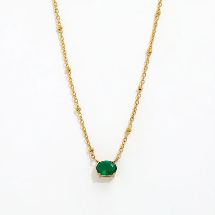 JOOLIM High End Stainless Steel Jewelry Oval Green Zirconia Pendant Cable Chain Beads Necklace 18K Gold Plated Jewelry Wholesale