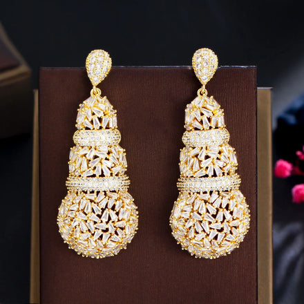 Indian Gold Filled Cubic Zirconia Dangle Drop Pakistan Bridal Long Big Chunky Earrings for Women Wedding Jewelry Accessories