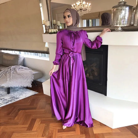 Lanna New 2023 Elegant Soft Polyester Pure Color Large Hem Satin Abaya for Islamic Women All Seasons