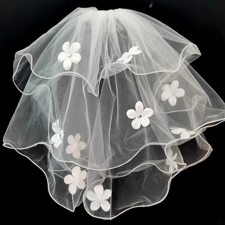 Vintage White Short Wedding Veil with Double Trimmed Pearl Bow Drill Comb 40-50cm Bridal Veil Headdress Accessory