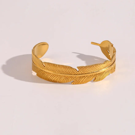 Hot Hyperbole Water Proof Large Open Bangles 18K Gold Plated None Tarnish Long Leaf Stainless Steel Cuff Bangles