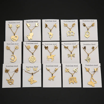 Gold Plated Butterfly Unicorn Stud Necklace Set Necklace Geometric Stud Heart Collarbone Chain With Earrings Set