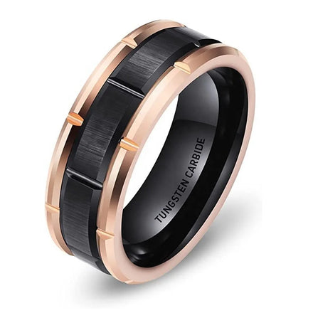 POYA 8mm Tungsten Brick Pattern Rose Gold Black Two Tones Mens Wedding Band Promise Anniveary Ring