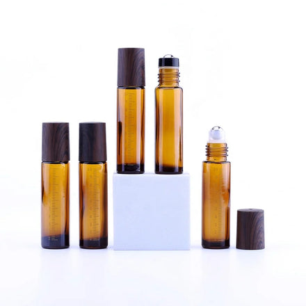 10ml Graduations Marked Steel Roller Ball Perfume Essential Oil Amber Glass Roll on Bottle With Water Transfer Wood Plastic Lid