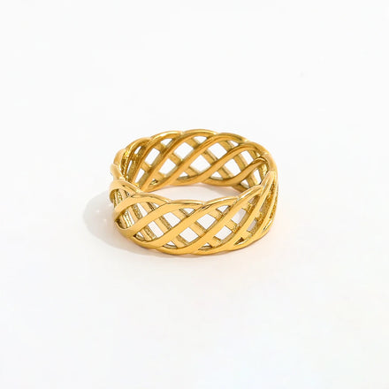 Fenny 18K Gold Plated Tarnish Free Fashion Dainty Weave Hollow Ring Finger Ring for Women Stainless Steel Wholesale Jewelry