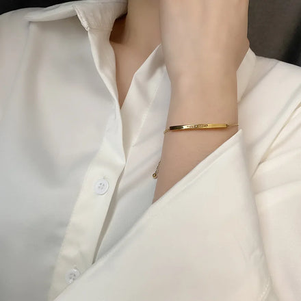Trendy Stainless Steel Long Bar Engrave Romantic LOVER DREAM Gold Plated Thin Chain Adjustable Bangle Bracelet