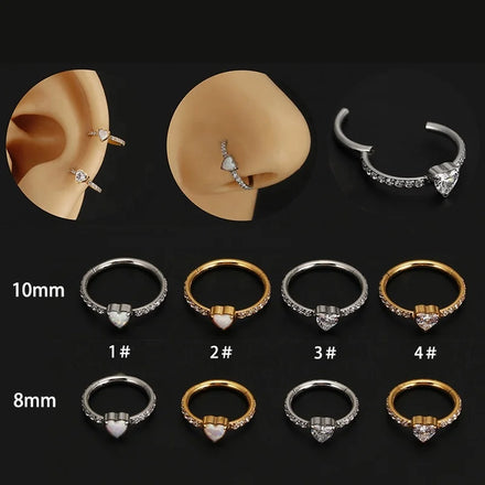 Gaby Stainless Steel Nose Ring Hoop Septum Clicker Opal Heart Helix Ear Piercing Clicker Waterproof Nose Rings Piercing Jewelry