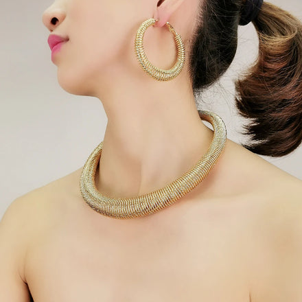 HANSIDON Retro Punk Fashion Jewelry Set Statement Springs Circle Choker Necklace Hoop Earrings Ethnic Chunky Accessories