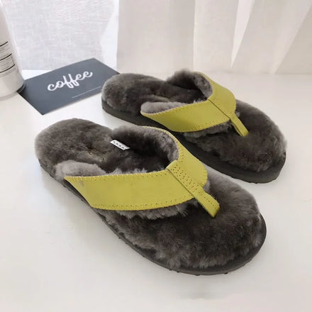 New Fashion Australian Merino Sheep Skin Fur Slipper Cheap Cow Leather Flip-Flops Slides Lambskin Fur Indoor Home Shoes Winter