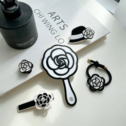 MIO Elegant Rose Black White Camellia Hairpins Makeup Mirror Acetate Flower Hair Clip Set Vintage French Barrettes for Women