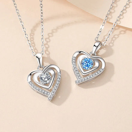 925 Sterling Silver with Blue CZ Double Heart Pendant Necklace for Women Valentine Day Gifts