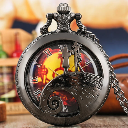 Jack & Sally Skeleton Nightmare Steampunk Pocket Watch with Necklace Chain Quartz Watch Locket Pendant Black