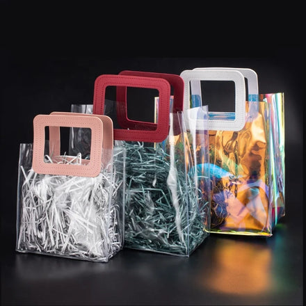 Hot Sale Waterproof Transparent Clear PVC Plastic Beach Tote Bag Holographic PVC Hand Gift Bag With Handle for Packing Flower