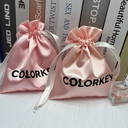 JUNE Fashion Custom Logo Pink Silk Satin Drawstring Jewelry Pouch with Ribbon for Perfume