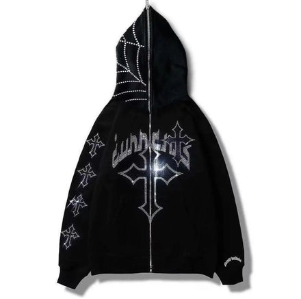 Salati Manufacturer High Quality Custom 500 GSM Thick Glitter Diamond Rhinestone Printed Oversized Full Zip up Hoodie for Men