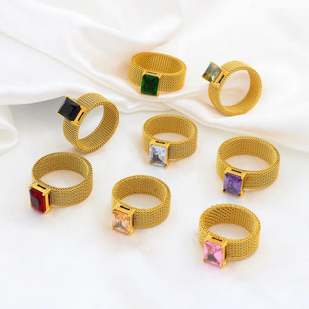 Hot Selling 18K Real Gold Square Zircon Ring Tarnish Free Stainless Steel Zircon Rings Jewelry Women