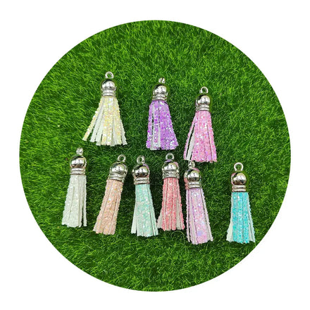 Glitter Faux Suede Leather Tassel with Gold Bronze Top for Keychain Cellphone Straps Jewelry Charms
