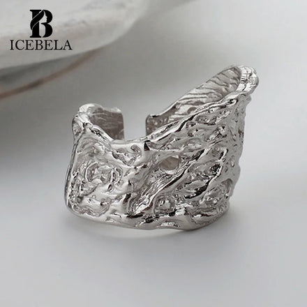 ICEBELA Simple Style Ring Unisex Adjustable Ring 925 Sterling Silver Irregularly Corroded Texture Index Ring