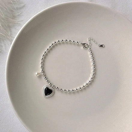 Daidan Bracelet Pearl Womens Heart Silver Black Agate Sterling Silver Beaded Bracelets