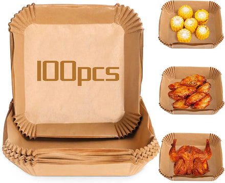 Disposable Large 8'' Air Fryer 100 Pcs Square Paper Liners Unbleached Non-stick Oil-proof Parchment Paper for 5 to 8 Qt Basket