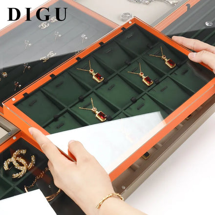 DIGU Luxury Jewelry Tray Ring Necklace Bracelet Bare Diamond Display Boxes Multifunctional Jewelry Tray with Transparent Cover