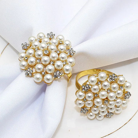 Ychon Latest Gold Pearl Napkin Ring Holder Wedding Napkin Buckle for Holiday Party Dining Metal Alloy Table Tableware