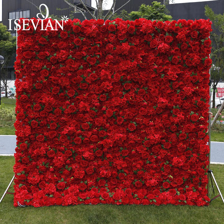 ISEVIAN Artificial Red Peony Rose Hydrangea Flower Wall Panel Roll up Backdrop Wedding Decoration