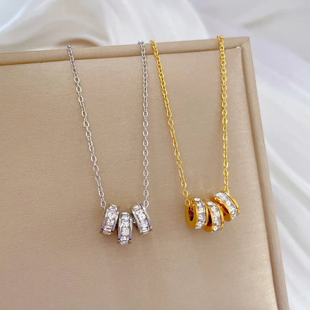 Sparkling Zircon Three Ring Pendant Necklace Stainless Steel Chain Gold Plated Zircon Snowflake Choker Necklace for Women Girls