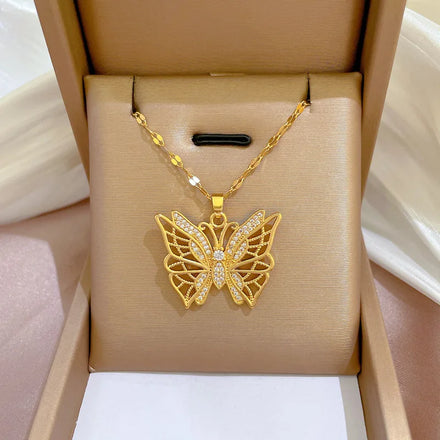 Sparkling Micro Diamond Gold Filled Hollow Butterfly Pendant Necklace Micro Inlaid Shiny Zirconia Butterfly Choker Necklace