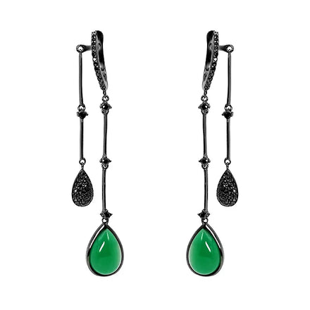 Trendy Luxury Fashion Jewelry 925 Silver Rhodium Plated Black Rhodium Hoop Earrings Green Agate Aqua Chalcedony Black Spinel for