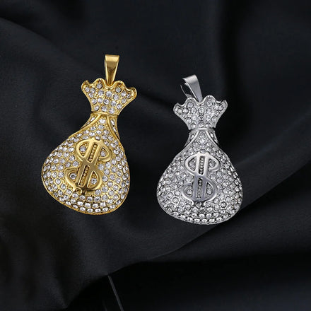 Bling Iced Out Money Bag Pendant Popular Men Boy Stainless Steel 18k Gold Dollar Sign Pendant Diamond Lucky Dollar Bill Charm
