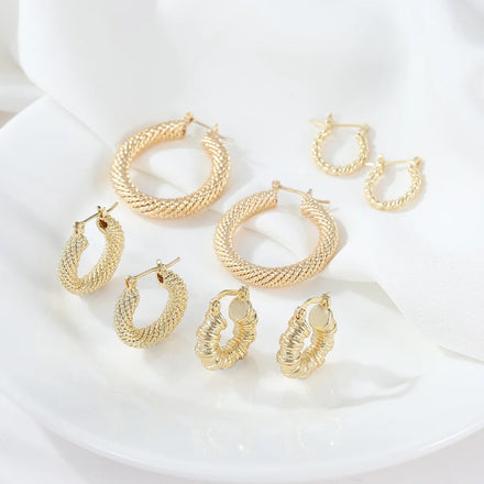 High Fashion Trendy Womens Zircon Geometric 14K Gold Plated Chunky Textured Hoop Earrings