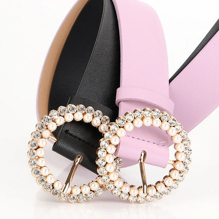 JULUN Ladies Belt Rhinestone Belt Belts for Women With Pearl & Crystal Decorative Buckle Multi-Color Fashion Accessory