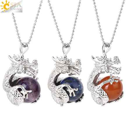 CSJA Fashion Spiritual Healing Jewelry Obsidian Red Agate Energy Natural Gemstone Crystal Dragon Pendant Charm Necklace H093