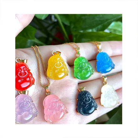 2024 Religious Jewellery Fashion Jewelry Fine Real Natural Fengshui Laugh Buddha Green Jade Stone Pendant Necklace for Women