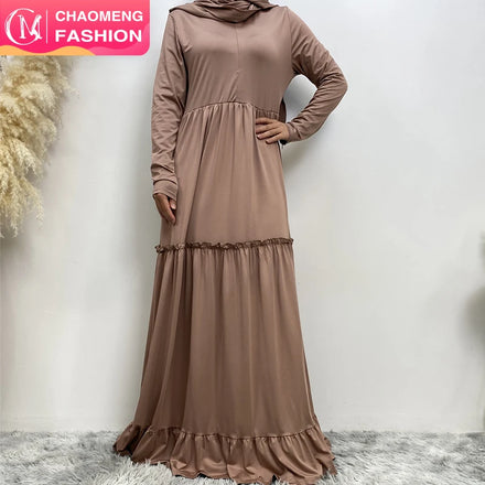 6378# Comfortable Stretchy Jersey Dress Crew Neck Long Sleeve Malaysia Women Closed Abaya Dresses With Zippers and Hijab Scarf
