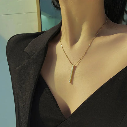 Simple Fashion Stainless Steel Chain White Shell Long Bar Necklace Gold Plated Stainless Steel Bar Pendant Choker Necklace