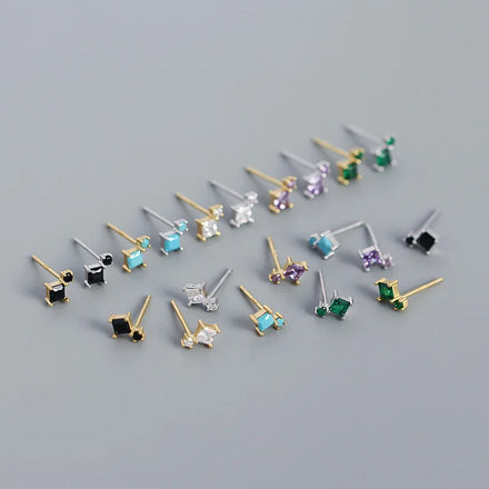 Fashion Earring 925 Sterling Silver Minimalist Cute square Shape Tiny Cz Cubic Zirconia Stud Earrings for Women
