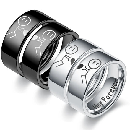 Fashion Cartoon Black Ring His Always Her Forever Stainless Steel Rings Engraved Letter Couple Rings for Lover