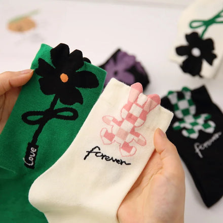 New Fashion Womens Stereo Flower Checkers Rabbit Combed Cotton Crew Socks