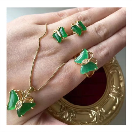 Jialin Jade Jewelry Set Wholesale Women Charms Series Natural Jade Stone butterfly Ring butterfly Necklace Earrings