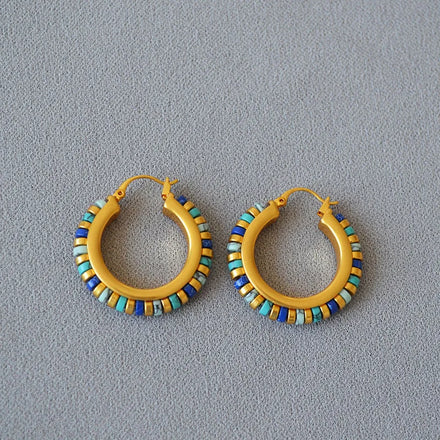 Vintage Turquoise Beaded Statement Brass Plated 18K Gold Earring Hoop Earrings Wholesale for Momen