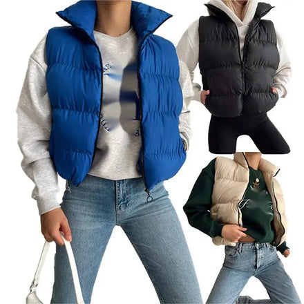 Wholesale Winter Fashion Solid Zipper Cropped Bubble Sleeveless Jacket Women Puffer Vest